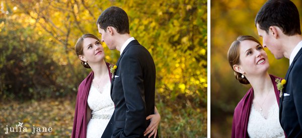 bride and groom at the lace factory in the fall