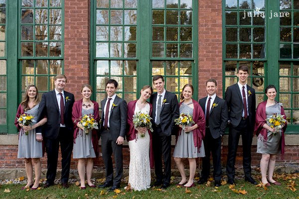 grey and yellow bridal party in new england